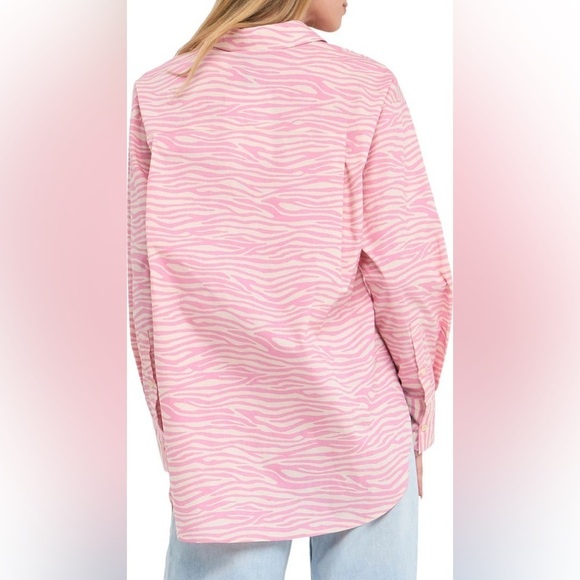 Grey Lab LA Zebra Animal Print Button Up Collared Pink Light Cream Shirt Size S - Picture 2 of 15